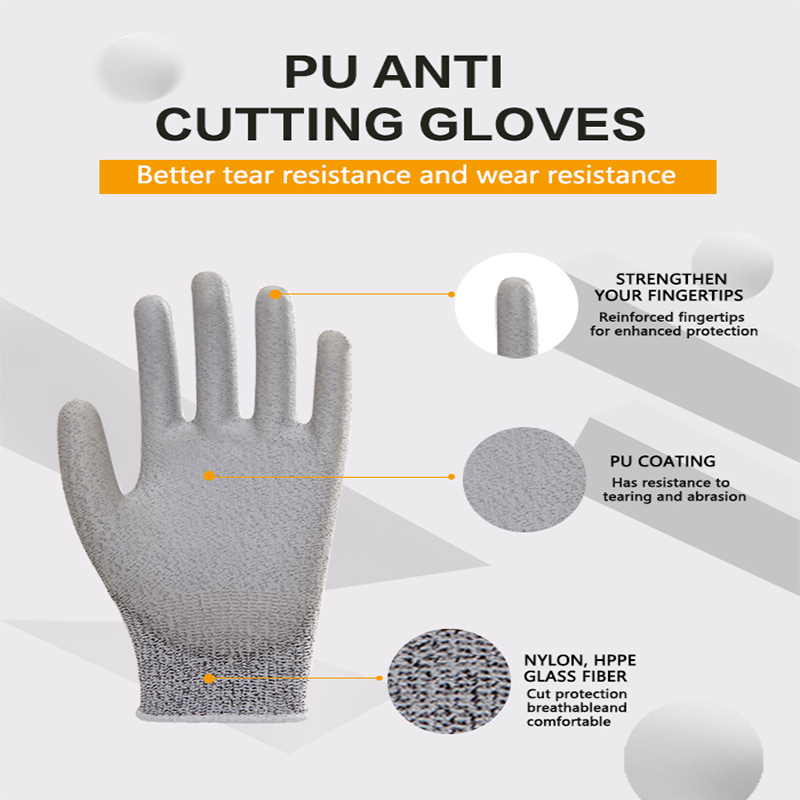 13 Gauge High-Strength Polyethylene Liner Grey PU Coated Palm Safety Work Gloves CE En 388 Cut Resistant Gloves